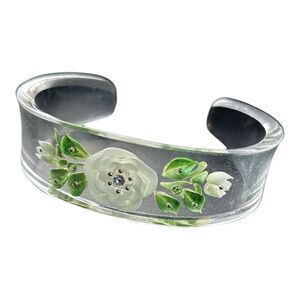 Lucite Bracelet Cuff Clear Etched white Flowers Purple stone Reverse Carved vint